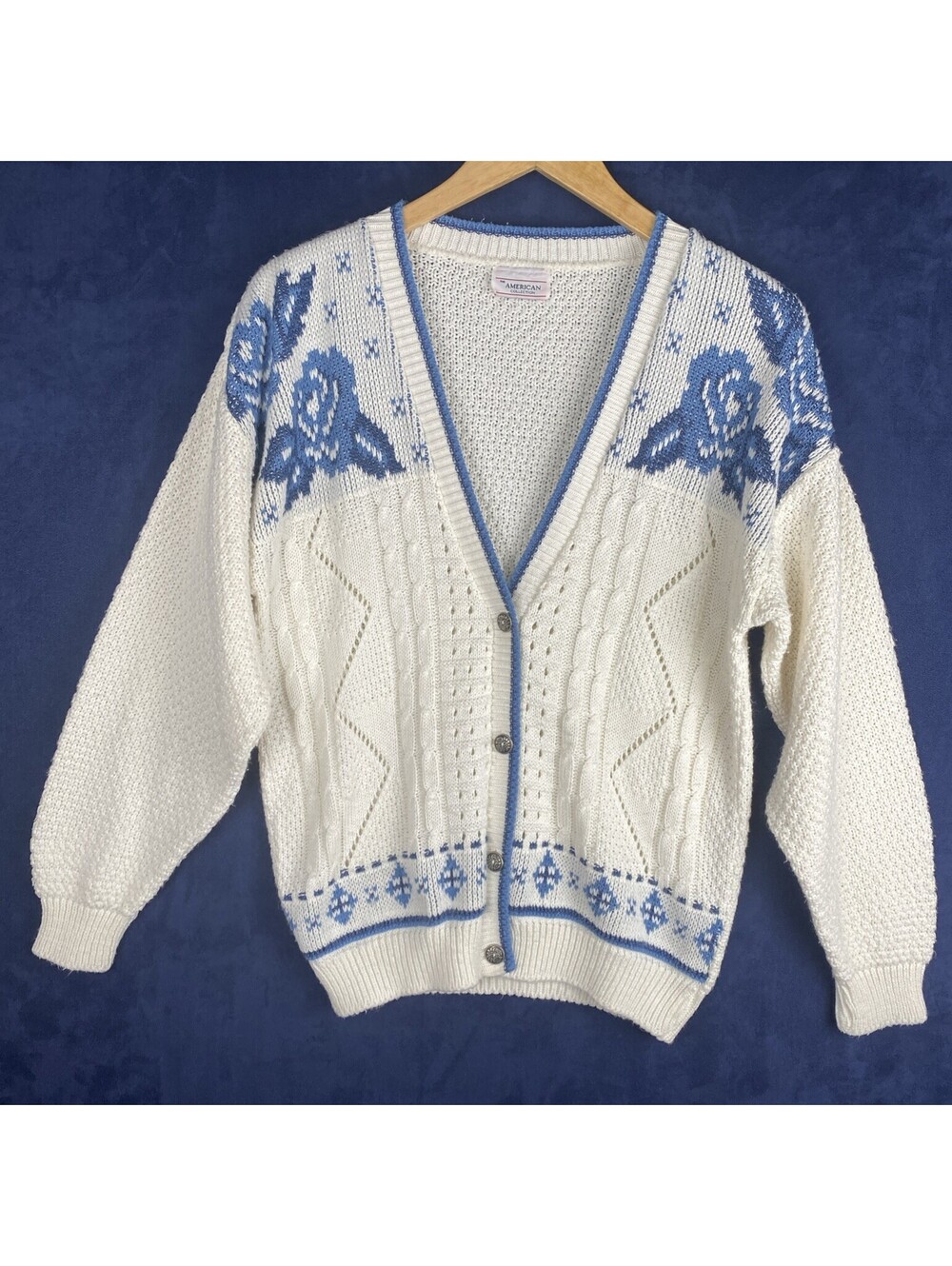 Vintage The American Collection Cardigan White/Blue Floral Sz. L Cottagecore